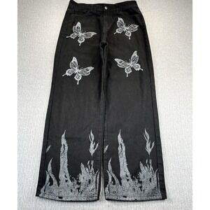 Y2K baggy‎ wide leg women S/30X30 high-rise black jeans hip-hop butterfly Hippy